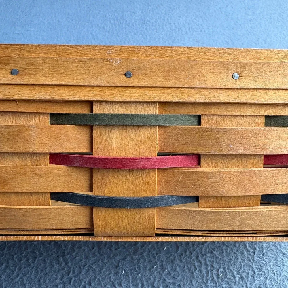 Longaberger 1999 Handwoven Rectangular Basket Red Green Blue Accents 12x6x3.5